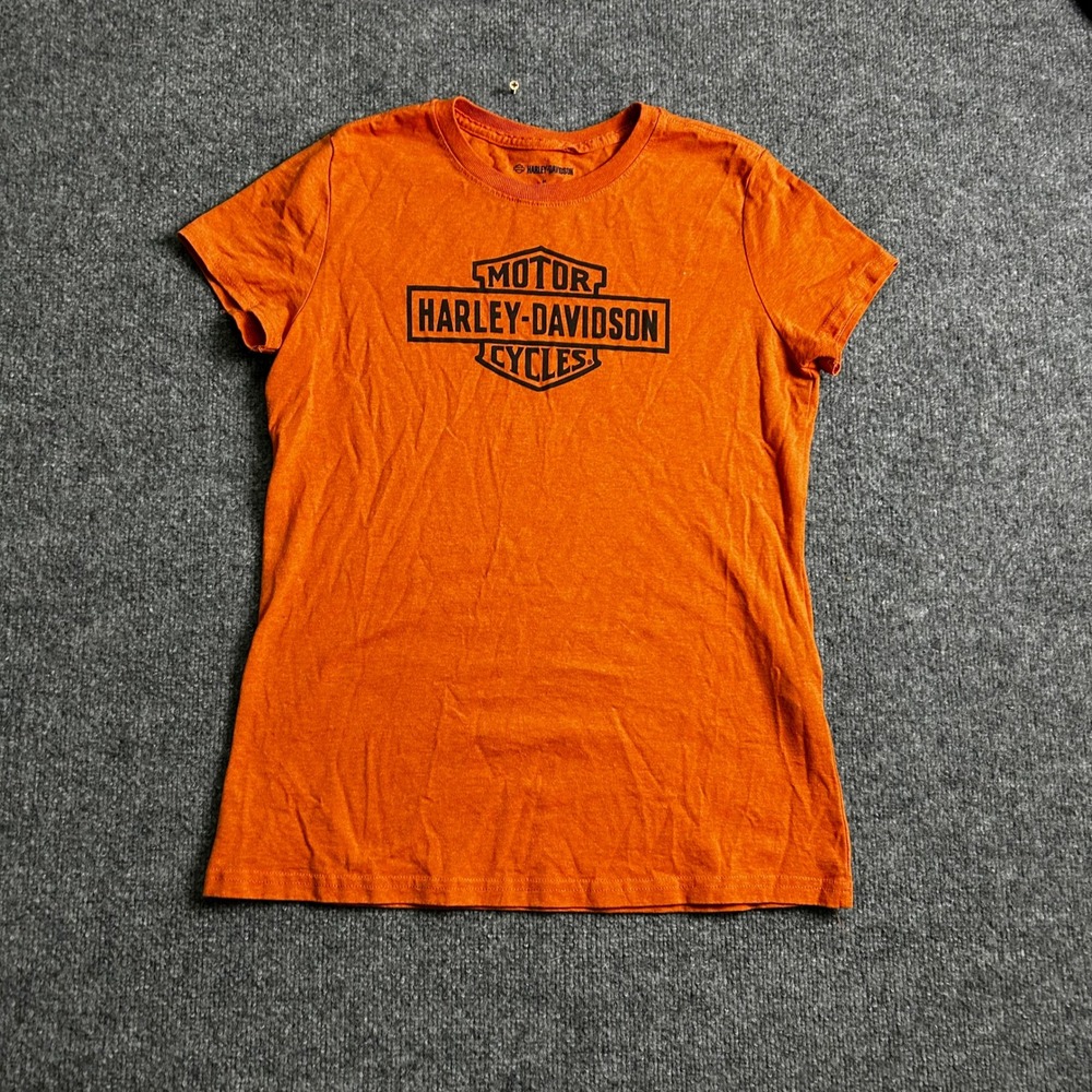 Harley-Davidson T-Shirt Womens Size M Orange Graphic Logo Short Sleeve Biker Tee